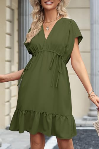 Dokotoo Summer Dresses for Women 2024 Babydoll Casual Elegant Ruffle A-Line Cute Short Sleeve V Neck Drawstring Ruched Swing Mini Dress Beach Vacation Outfits for Women Green X-Large