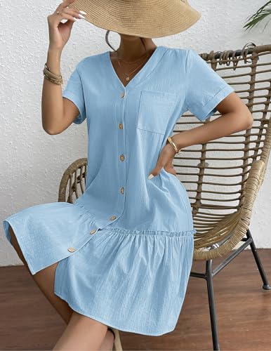 HOTOUCH Button Down Shirt Dress for Women Cotton Linen Dress Summer A Line Swing Dress Short Sleeve Ruffle Hem Dress, Blue M