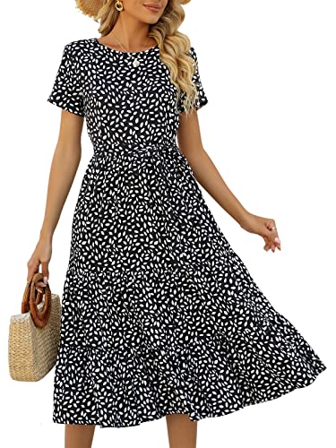 Lyrur Womens Sundress Short Sleeve Midi Belted Tiered Babydoll Flowy Boho Summer Casual Dress with Pockets(M,9191-Blk Floral)