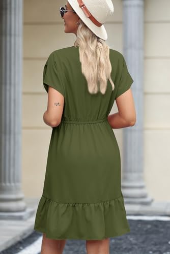 Dokotoo Summer Dresses for Women 2024 Babydoll Casual Elegant Ruffle A-Line Cute Short Sleeve V Neck Drawstring Ruched Swing Mini Dress Beach Vacation Outfits for Women Green X-Large
