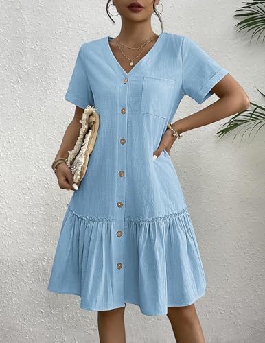 HOTOUCH Button Down Shirt Dress for Women Cotton Linen Dress Summer A Line Swing Dress Short Sleeve Ruffle Hem Dress, Blue M