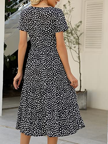 Lyrur Womens Sundress Short Sleeve Midi Belted Tiered Babydoll Flowy Boho Summer Casual Dress with Pockets(M,9191-Blk Floral)