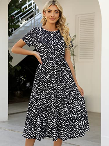 Lyrur Womens Sundress Short Sleeve Midi Belted Tiered Babydoll Flowy Boho Summer Casual Dress with Pockets(M,9191-Blk Floral)
