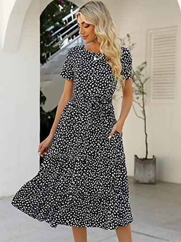 Lyrur Womens Sundress Short Sleeve Midi Belted Tiered Babydoll Flowy Boho Summer Casual Dress with Pockets(M,9191-Blk Floral)