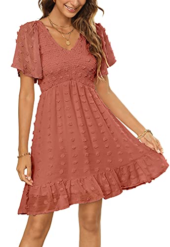 Zattcas Womens 2024 Spring Summer Beach Boho Swiss Dot Smocked Dress Short Sleeve Mini Graduation Bridal Shower Maternity Wedding Guest Dress Dusty Orange L
