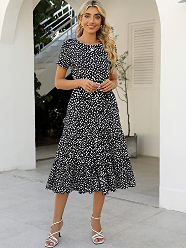Lyrur Womens Sundress Short Sleeve Midi Belted Tiered Babydoll Flowy Boho Summer Casual Dress with Pockets(M,9191-Blk Floral)