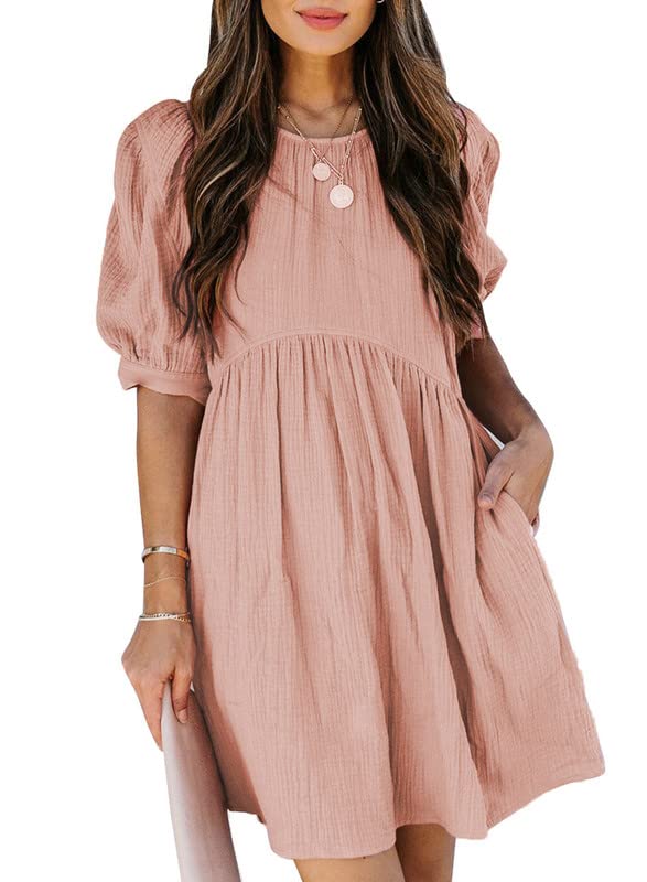 Dokotoo Womens Sundress Juniors Cute Dress Summer Baby Doll Tunic Dress Crewneck Lantern Short Sleeve Loose Casual Work Pocketed Mini Short Skirt Shift Dress Pink Medium