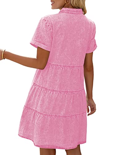 LookbookStore Pink Dresses for Women Valentines Day Pink Dress 2024 Summer Short Jean Dress Casual Short Sleeves Babydoll Denim Dress for Women Size M