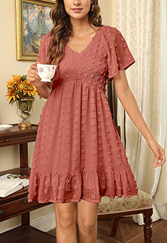Zattcas Womens 2024 Spring Summer Beach Boho Swiss Dot Smocked Dress Short Sleeve Mini Graduation Bridal Shower Maternity Wedding Guest Dress Dusty Orange L
