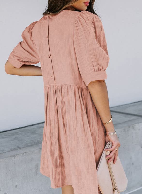 Dokotoo Womens Sundress Juniors Cute Dress Summer Baby Doll Tunic Dress Crewneck Lantern Short Sleeve Loose Casual Work Pocketed Mini Short Skirt Shift Dress Pink Medium