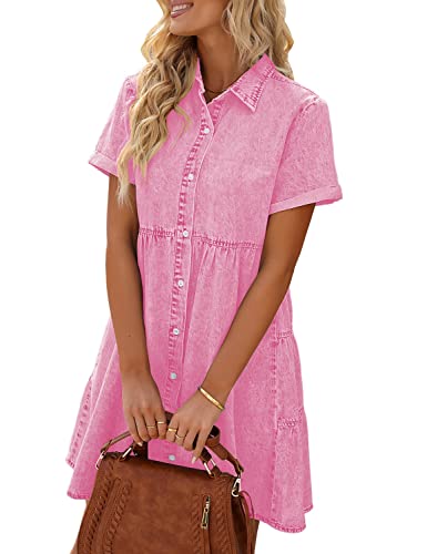 LookbookStore Pink Dresses for Women Valentines Day Pink Dress 2024 Summer Short Jean Dress Casual Short Sleeves Babydoll Denim Dress for Women Size M