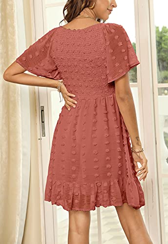 Zattcas Womens 2024 Spring Summer Beach Boho Swiss Dot Smocked Dress Short Sleeve Mini Graduation Bridal Shower Maternity Wedding Guest Dress Dusty Orange L