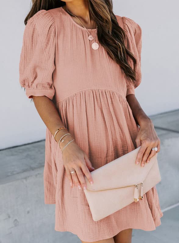 Dokotoo Womens Sundress Juniors Cute Dress Summer Baby Doll Tunic Dress Crewneck Lantern Short Sleeve Loose Casual Work Pocketed Mini Short Skirt Shift Dress Pink Medium