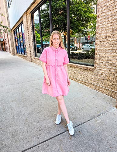 LookbookStore Pink Dresses for Women Valentines Day Pink Dress 2024 Summer Short Jean Dress Casual Short Sleeves Babydoll Denim Dress for Women Size M