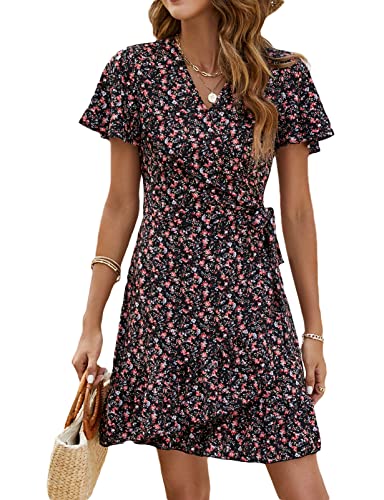 Naggoo Women's Summer Wrap V Neck Polka Dot Print Ruffle Short Sleeve Mini Floral Dress