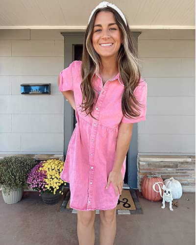 LookbookStore Pink Dresses for Women Valentines Day Pink Dress 2024 Summer Short Jean Dress Casual Short Sleeves Babydoll Denim Dress for Women Size M