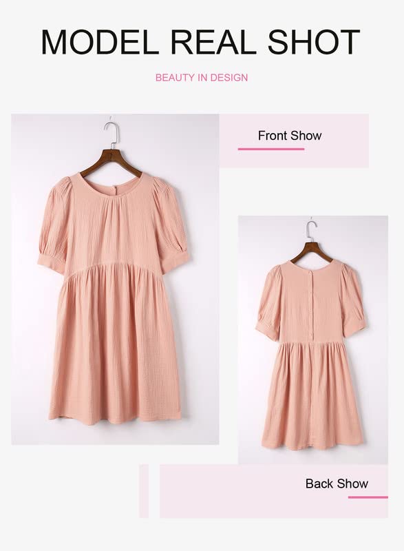 Dokotoo Womens Sundress Juniors Cute Dress Summer Baby Doll Tunic Dress Crewneck Lantern Short Sleeve Loose Casual Work Pocketed Mini Short Skirt Shift Dress Pink Medium