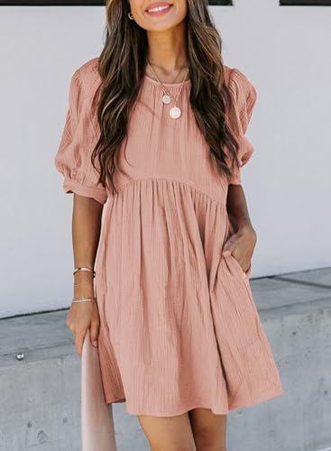 Dokotoo Womens Sundress Juniors Cute Dress Summer Baby Doll Tunic Dress Crewneck Lantern Short Sleeve Loose Casual Work Pocketed Mini Short Skirt Shift Dress Pink Medium