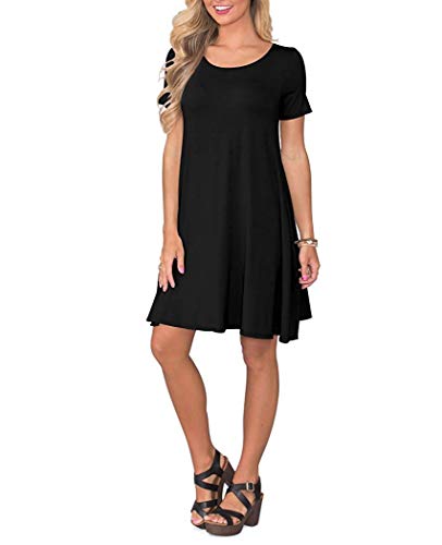 WNEEDU Women's Summer Casual T Shirt Dresses Short Sleeve Swing Dress with Pockets (L, Black)
