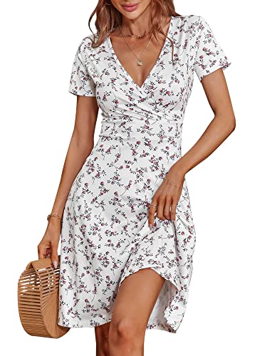 MSBASIC Summer Dress for Women 2023 Beach Short Sleeve Midi Floral White Dress(White Floral,S)