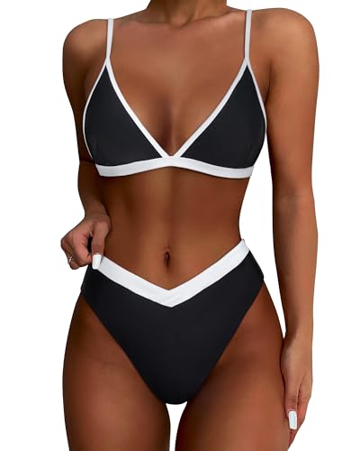 SUUKSESS Women Triangle High Cut Bikini Sets Sexy High Waisted Color Block Two Piece Swimsuits Push Up Bathing Suits(Black White,XL)