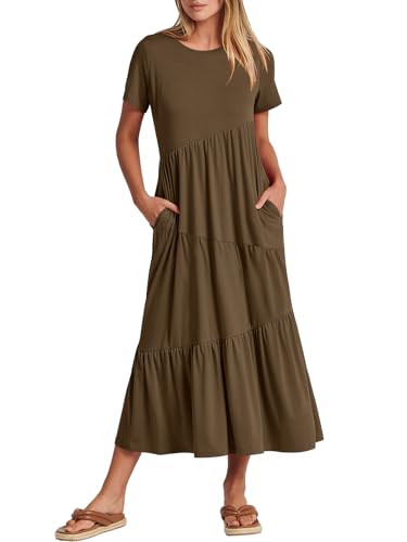ANRABESS Women Summer Maxi Dress Short Sleeve Swing Casual Asymmetric Tiered Vacation Long Beach Sundress Outfits Coffee Medium