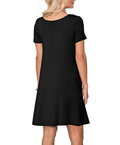 WNEEDU Women's Summer Casual T Shirt Dresses Short Sleeve Swing Dress with Pockets (L, Black)