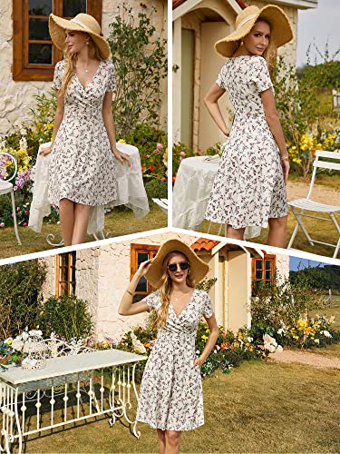 MSBASIC Summer Dress for Women 2023 Beach Short Sleeve Midi Floral White Dress(White Floral,S)