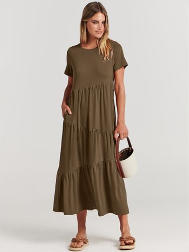ANRABESS Women Summer Maxi Dress Short Sleeve Swing Casual Asymmetric Tiered Vacation Long Beach Sundress Outfits Coffee Medium