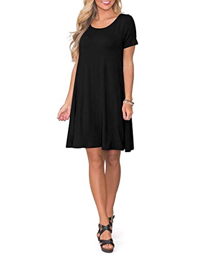 WNEEDU Women's Summer Casual T Shirt Dresses Short Sleeve Swing Dress with Pockets (L, Black)