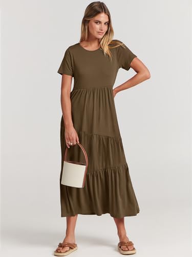 ANRABESS Women Summer Maxi Dress Short Sleeve Swing Casual Asymmetric Tiered Vacation Long Beach Sundress Outfits Coffee Medium