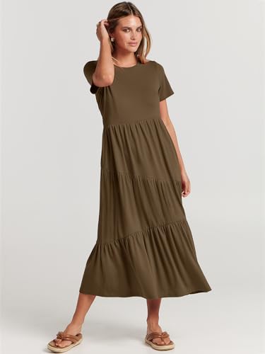 ANRABESS Women Summer Maxi Dress Short Sleeve Swing Casual Asymmetric Tiered Vacation Long Beach Sundress Outfits Coffee Medium