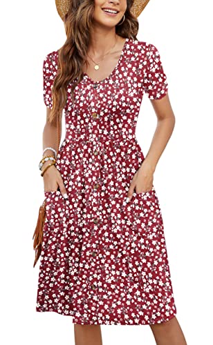 MOLERANI Women Summer Casual Short Sleeve Dresses Button Down Skater Dress with Pockets,Red Flower,S