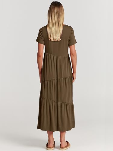 ANRABESS Women Summer Maxi Dress Short Sleeve Swing Casual Asymmetric Tiered Vacation Long Beach Sundress Outfits Coffee Medium