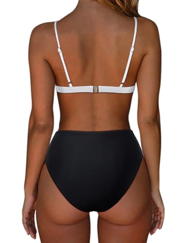 SUUKSESS Women Triangle High Cut Bikini Sets Sexy High Waisted Color Block Two Piece Swimsuits Push Up Bathing Suits(Black White,XL)