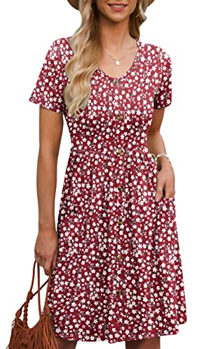 MOLERANI Women Summer Casual Short Sleeve Dresses Button Down Skater Dress with Pockets,Red Flower,S