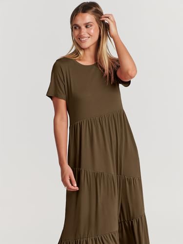 ANRABESS Women Summer Maxi Dress Short Sleeve Swing Casual Asymmetric Tiered Vacation Long Beach Sundress Outfits Coffee Medium