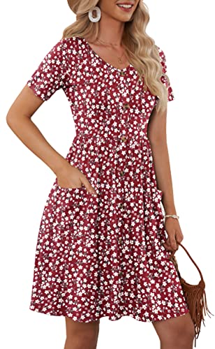 MOLERANI Women Summer Casual Short Sleeve Dresses Button Down Skater Dress with Pockets,Red Flower,S