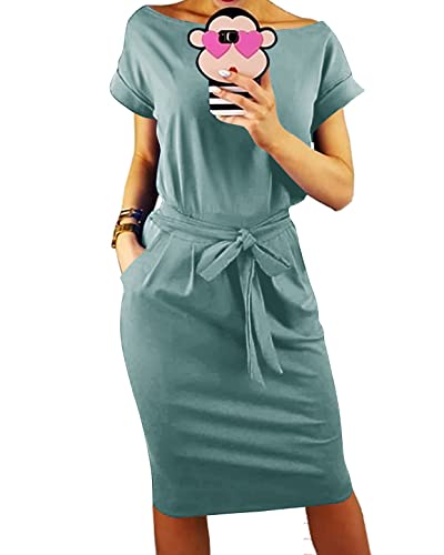 PRETTYGARDEN Women's Summer Short Sleeve Crewneck Striped Dress Basic Solid Tie Waist Office T Shirt Dresses Pockets Grey Green Medium
