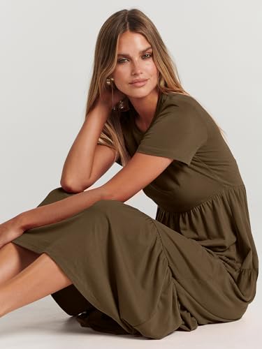 ANRABESS Women Summer Maxi Dress Short Sleeve Swing Casual Asymmetric Tiered Vacation Long Beach Sundress Outfits Coffee Medium