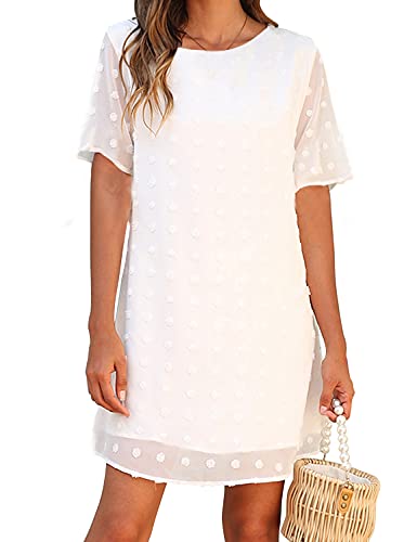 Blooming Jelly Womens White Dresses Short Sleeve V Neck Ruffle Cute Sun Dress Chiffon Flowy Shift Mini Dress (Large, White 2)