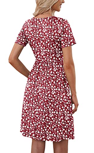 MOLERANI Women Summer Casual Short Sleeve Dresses Button Down Skater Dress with Pockets,Red Flower,S
