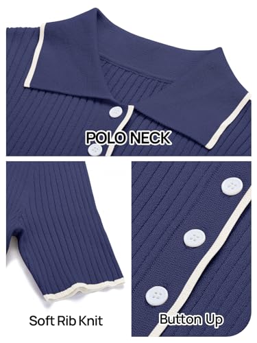 MEROKEETY Women's V Neck Ribbed Knit Maxi Dress Button Short Sleeve Slim Fit Bodycon Sweater Dress, Navy, Large