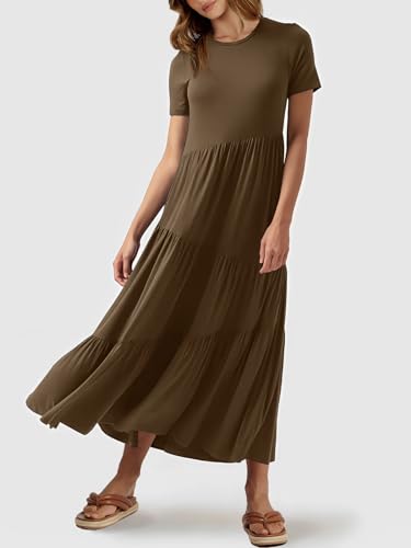 ANRABESS Women Summer Maxi Dress Short Sleeve Swing Casual Asymmetric Tiered Vacation Long Beach Sundress Outfits Coffee Medium