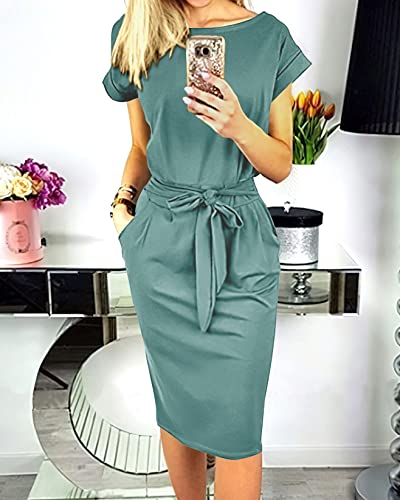 PRETTYGARDEN Women's Summer Short Sleeve Crewneck Striped Dress Basic Solid Tie Waist Office T Shirt Dresses Pockets Grey Green Medium