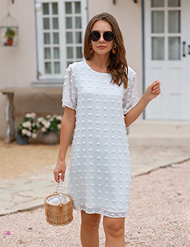 Blooming Jelly Womens White Dresses Short Sleeve V Neck Ruffle Cute Sun Dress Chiffon Flowy Shift Mini Dress (Large, White 2)
