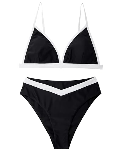 SUUKSESS Women Triangle High Cut Bikini Sets Sexy High Waisted Color Block Two Piece Swimsuits Push Up Bathing Suits(Black White,XL)