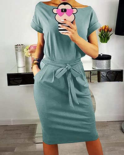 PRETTYGARDEN Women's Summer Short Sleeve Crewneck Striped Dress Basic Solid Tie Waist Office T Shirt Dresses Pockets Grey Green Medium