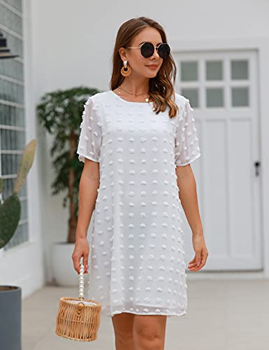 Blooming Jelly Womens White Dresses Short Sleeve V Neck Ruffle Cute Sun Dress Chiffon Flowy Shift Mini Dress (Large, White 2)