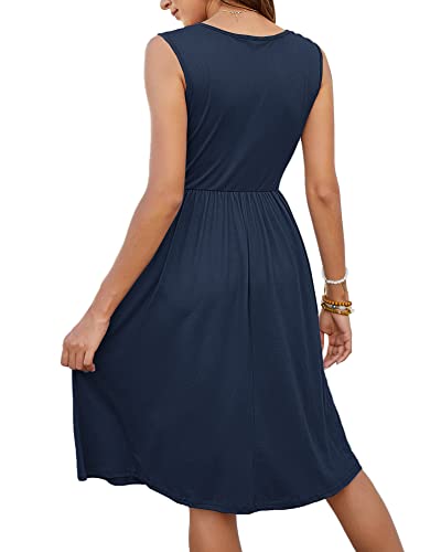 MOLERANI Women's Short Sleeve V Neck Button Down Midi Skater Dress with Pocketss(Navy Blue,L)